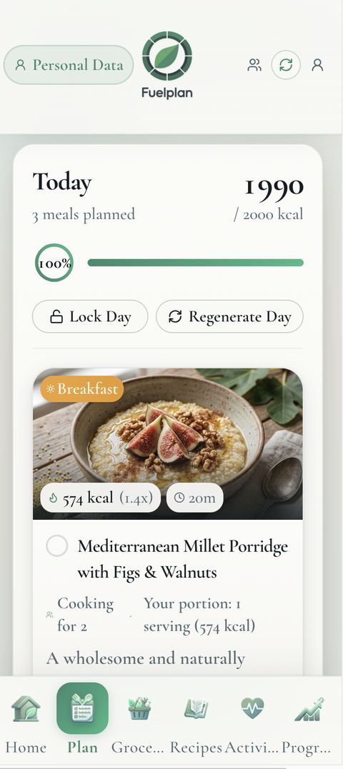 FuelPlan Pro Today screen: 1,990 of 2,000 kcal planned, Mediterranean millet porridge for breakfast