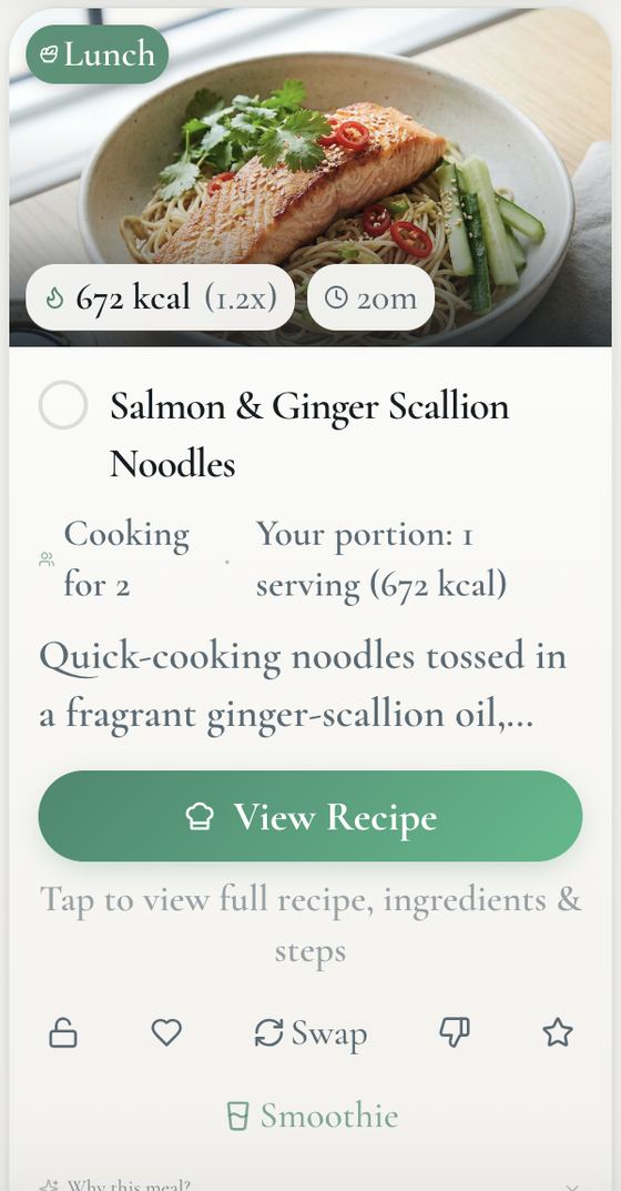 Planned lunch: salmon and ginger scallion noodles, 672 kcal